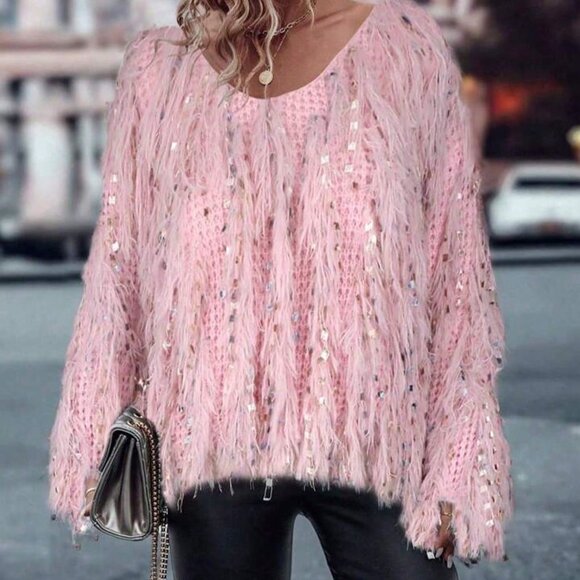Pink Casual Women's V-Neck Fringe Sequin Knit Sweater - Picture 2 of 6